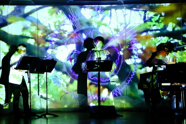 На сцене Рахманиновского зала вокально-инструментальный видео-театр. Э. В. Денисов. «Пение птиц» для солистов и фонограммы. Исполняют Маргарита Аунс (кларнет), Яна Мамонова (сопрано), Василий Щербаков (фортепиано)