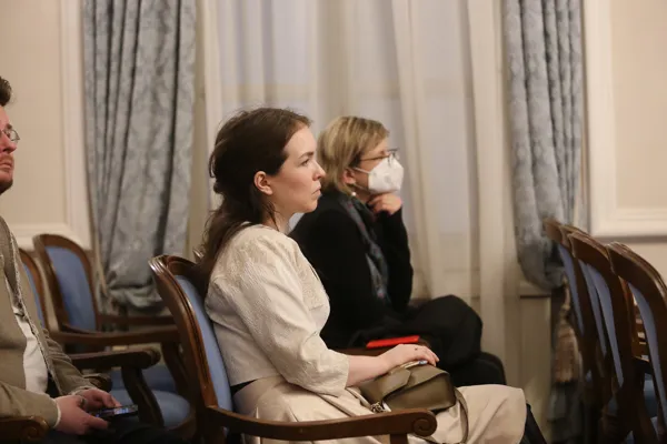 Участники Круглого стола «Musica sacra nova. Духовная музыка Второго авангарда» в Конференц-зале Московской консерватории 16 февраля 2022 года